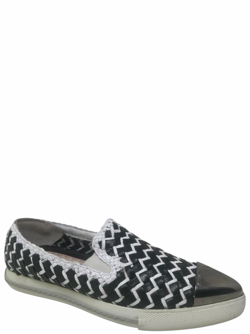Rare Miu Miu Black & White Woven Leather Metal Cap Toe Slip On Sneakers Size 9
